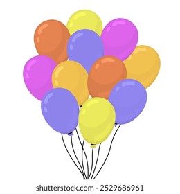 Grupo de globos atados juntos de diferentes colores volando hacia arriba. Globos de helio para decoración de cumpleaños o fiesta. Ilustración vectorial en estilo plano.