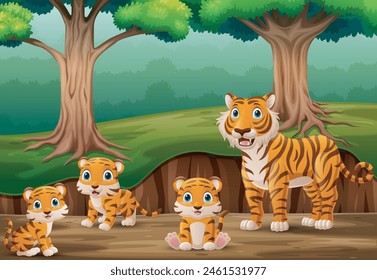 Group of tigers cartoon in the jungle background