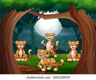 Group of tigers in the jungle at night illustration