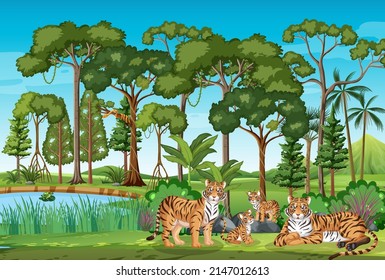 Group of tigers living in the forest illustration