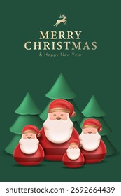 A group of Tiny Character of Santa Claus with Christmas Trees in Green Isolated Background. Merry Christmas Greeting Card Vector Illustration 