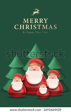 A group of Tiny Character of Santa Claus with Christmas Trees in Green Isolated Background. Merry Christmas Greeting Card Vector Illustration 