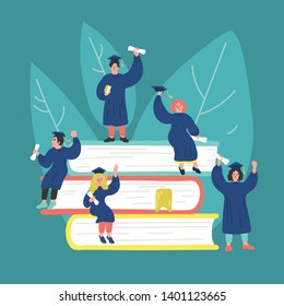 Group of tiny graduated students on stack of books. University, college graduation party. Vector illustration. 