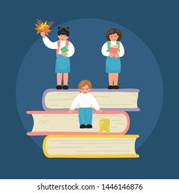 Group of tiny graduated students on stack of books. University, college graduation party. Vector illustration. 