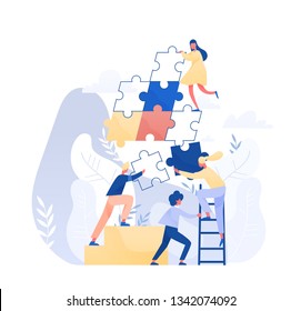 Group of tiny office workers or employees assembling together giant jigsaw puzzle pieces. Concept of teamwork, business cooperation, collective project work. Modern flat colorful vector illustration.