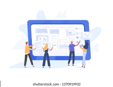 Group of tiny office workers organizing tasks on screen of giant tablet PC. Agile, SCRUM or Kanban method of project management for business work organization. Modern flat vector illustration.