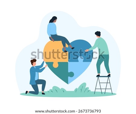 Group of tiny people assembling colorful heart-shaped puzzle pieces, symbolizing unity, support, and community care for mental health and charity, isolated on white background vector illustration