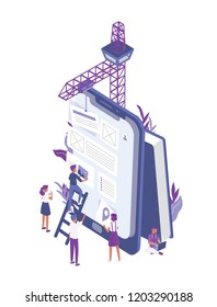 Group of tiny people creating or building mobile app design on giant tablet PC. Office workers working in interface and experience engineering. Colored creative isometric vector illustration.