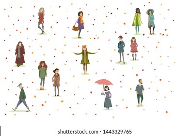 A group of tiny people dressed in autumn clothes or outerwear, walking or standing outside and in the open air. A group of men and women isolated against a background of falling autumn leaves. 