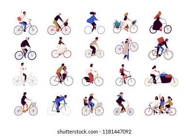 Group of tiny people riding bikes on city street during festival, race or parade. Collection of men and women on bicycles isolated on white background. Colored vector illustration in cartoon style.