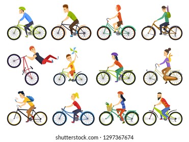 Group of tiny people riding bikes on city. Bike types and cycling sign set. Man, woman, kids. Thin line art icons. Flat style illustrations isolated on white. - Vector.