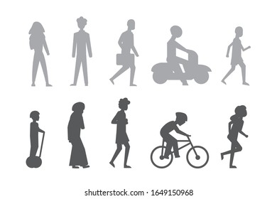 Group of tiny people riding bikes on city street. Illustration of male and female flat cartoon characters isolated. City peoples vector silhouette