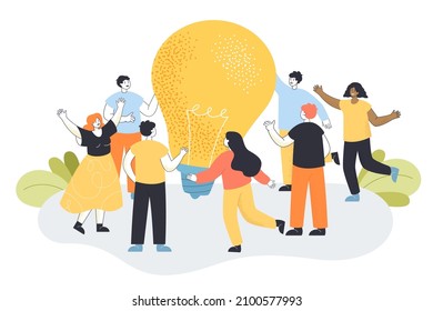 Group of tiny people standing around lightbulb at office meeting. Work community creating new idea or finding solution to problem flat vector illustration. Team brainstorming, business idea concept