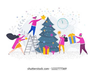 A group of tiny people, young men and women decorate a Christmas tree. Greeting card for Merry Christmas and Happy New Year. Illustration for flyer and booklet, brochure and website.