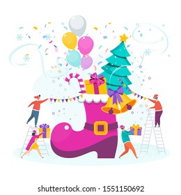 A group of tiny people, young men and women decorate a Christmas Santa Claus boot. Greeting card characters for Merry Christmas and Happy New Year. Illustration for flyer brochure and website.