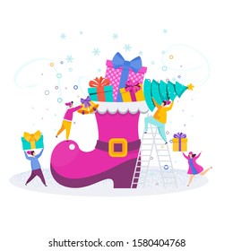 A group of tiny people, young men and women decorate a Christmas Santa Claus boot. Greeting card characters for Merry Christmas and Happy New Year. Illustration for flyer brochure and website.