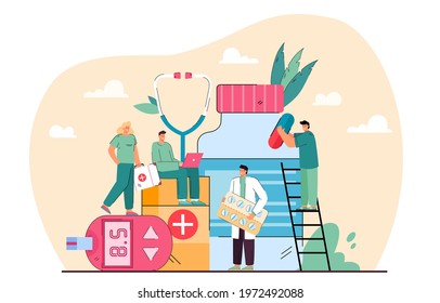 Group of tiny pharmacists. Cartoon doctors with different pills, vitamins, antibiotics flat vector illustration. Pharmacy, drugstore, pharmaceutical business concept for banner, website design
