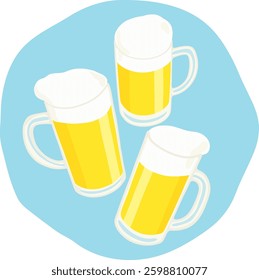 Group toast with draft beers on blue background