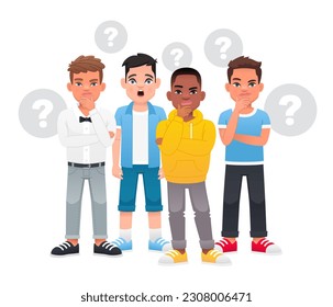 A group of toddlers surrounded by question bubbles. Little boys have questions. Children's problems. Portrait of thoughtful schoolchildren. Smart, thinking guys who solve problems. 