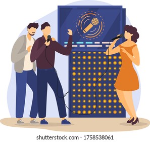 Group Together People Character Female Male Sing Karaoke Song Old Music Machine Isolated On White, Flat Vector Illustration. Cheerful Party Voice Musical Accompaniment, Dance Calm Melody.