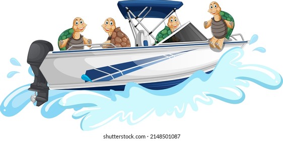 Group Of Tortoises On Speedboat Illustration