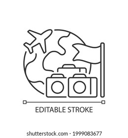 Group tour linear icon. Collective planning for journey abroad. Trip together to abroad country. Thin line customizable illustration. Contour symbol. Vector isolated outline drawing. Editable stroke