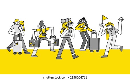A group of tourist arrival Hand Drawn Character Illustration