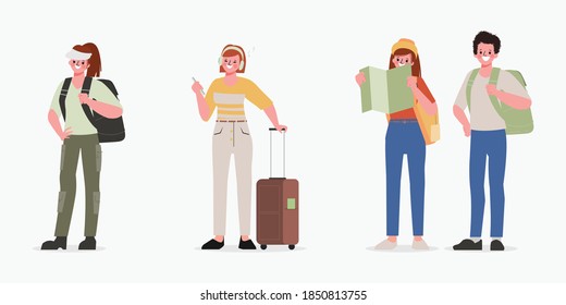 Group of tourist with backpack standing character.