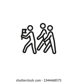 Group Of Tourist Line Icon. Three People, Leader Carrying Flag. Tourism Concept. Vector Illustration Can Be Used For Topics Like Travel, Excursion, Trekking