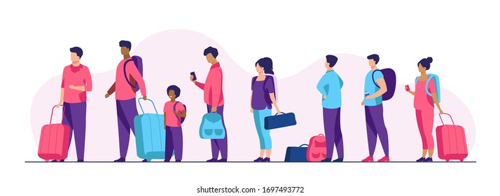 Group of tourist with luggage standing in line. Men, women, kid holding their bags and suitcases Vector illustration for trip, airport, travel, queue concept