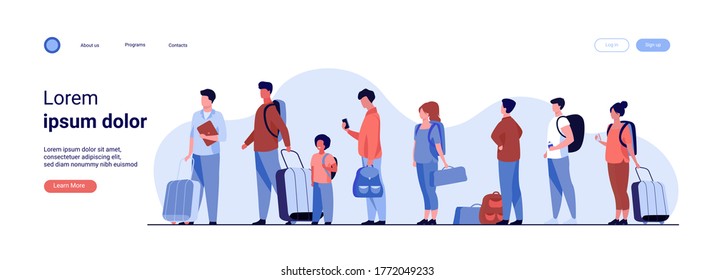 Group of tourist with luggage standing in line. Men, women, kid holding their bags and suitcases Vector illustration for trip, airport, travel, queue concept