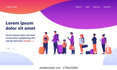 Group of tourist with luggage standing in line. Men, women, kid holding their bags and suitcases Vector illustration for trip, airport, travel, queue concept