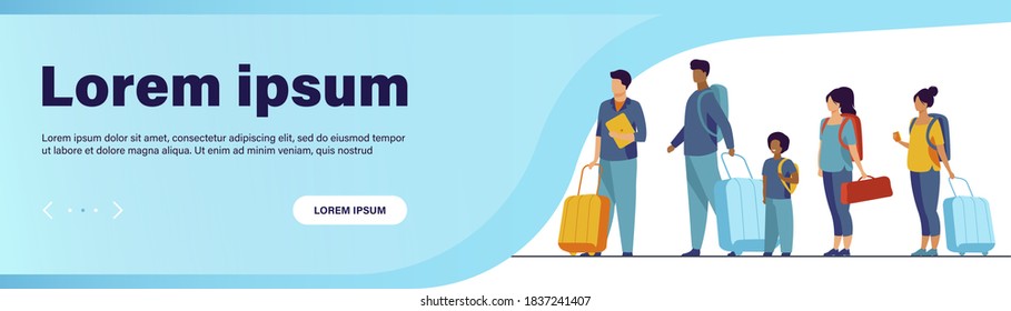 Group of tourist with luggage standing in line. Men, women, kid holding their bags and suitcases Vector illustration for trip, airport, travel, queue concept