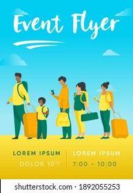 Group of tourist with luggage standing in line. Men, women, kid holding their bags and suitcases Vector illustration for trip, airport, travel, queue concept