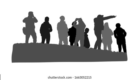 Group of tourist on the top of the hill vector silhouette illustration isolated. People traveling and having a rest. Hikers travelers with camera enjoying view from mountain. Rescue team observers.