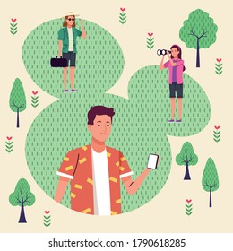 group of tourist people doing activities in the park vector illustration design