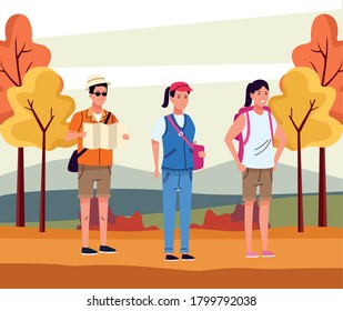 group of tourist people doing activities in the autumn landscape vector illustration design