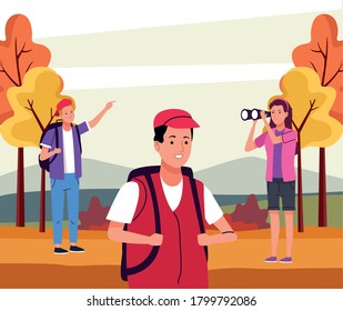 group of tourist people doing activities in the autumn landscape vector illustration design