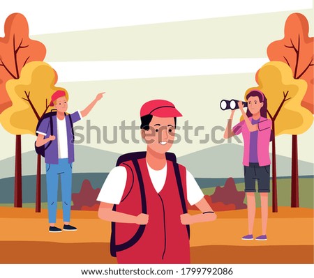 group of tourist people doing activities in the autumn landscape vector illustration design