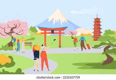 Group of tourist people together explore japan country, japanese travel attraction fuji mountain flat vector illustration, walk nation park.