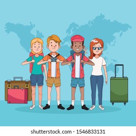 group of tourist people with world maps and suitcases vector illustration design