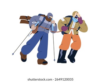 Group of tourist is tied with rope in snowstorm in snow mountains in winter. People are hiking, overcome blizzard with trekking equipment. Flat isolated vector illustration on white background