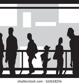 group of tourist visiting museum, zoo, exhibition, sightseeing. vector silhouettes