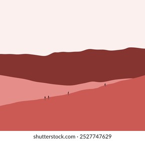 Grupo de turistas con mochila de senderismo en las montañas rosadas. Descubrir, explorar y observar la naturaleza. Concepto de deporte y vida activa. Diseño de arte minimalista.