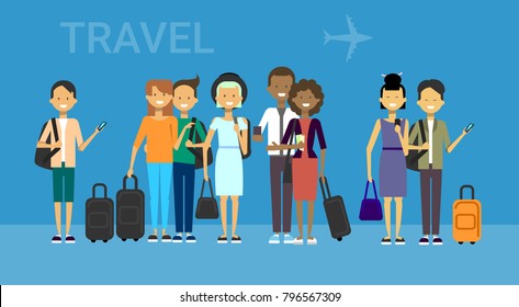 Group Of Tourists With Bags Travel On Air Mix race Travelers Men And Women Over Blue Background With Airplane Flat Vector Illustration