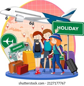 Group of tourists cartoon character with airplane illustration