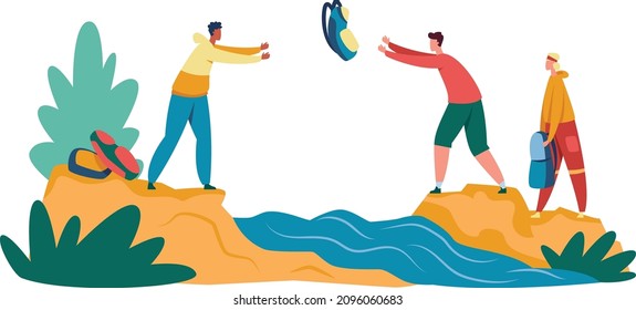 Group of tourists crossin river on hike. Adventure tourist walk over river, explorer. Vector illustration