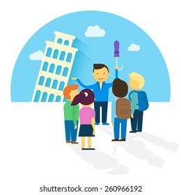 Group of tourists in the Europe with traveller guide staying near Pisa tower in Italy. Flat modern illustration isolated on white