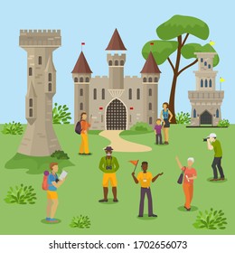 Visitas de grupos excursiones ruinas medievales, gente del equipo de viajes explorar castillo europeo, ilustración plana vectorial. Personajes hombres, mujeres caminan con guía, fotografía fortaleza oeste.