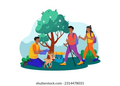 A group of tourists goes on a guided nature walk to learn about the local flora and fauna.